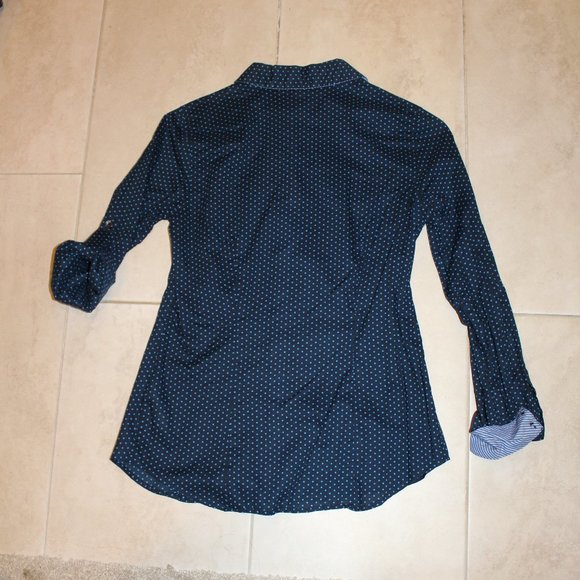 Van Heusen Fitted Navy Blue Polka Dot Blouse Sz S - Picture 4 of 5